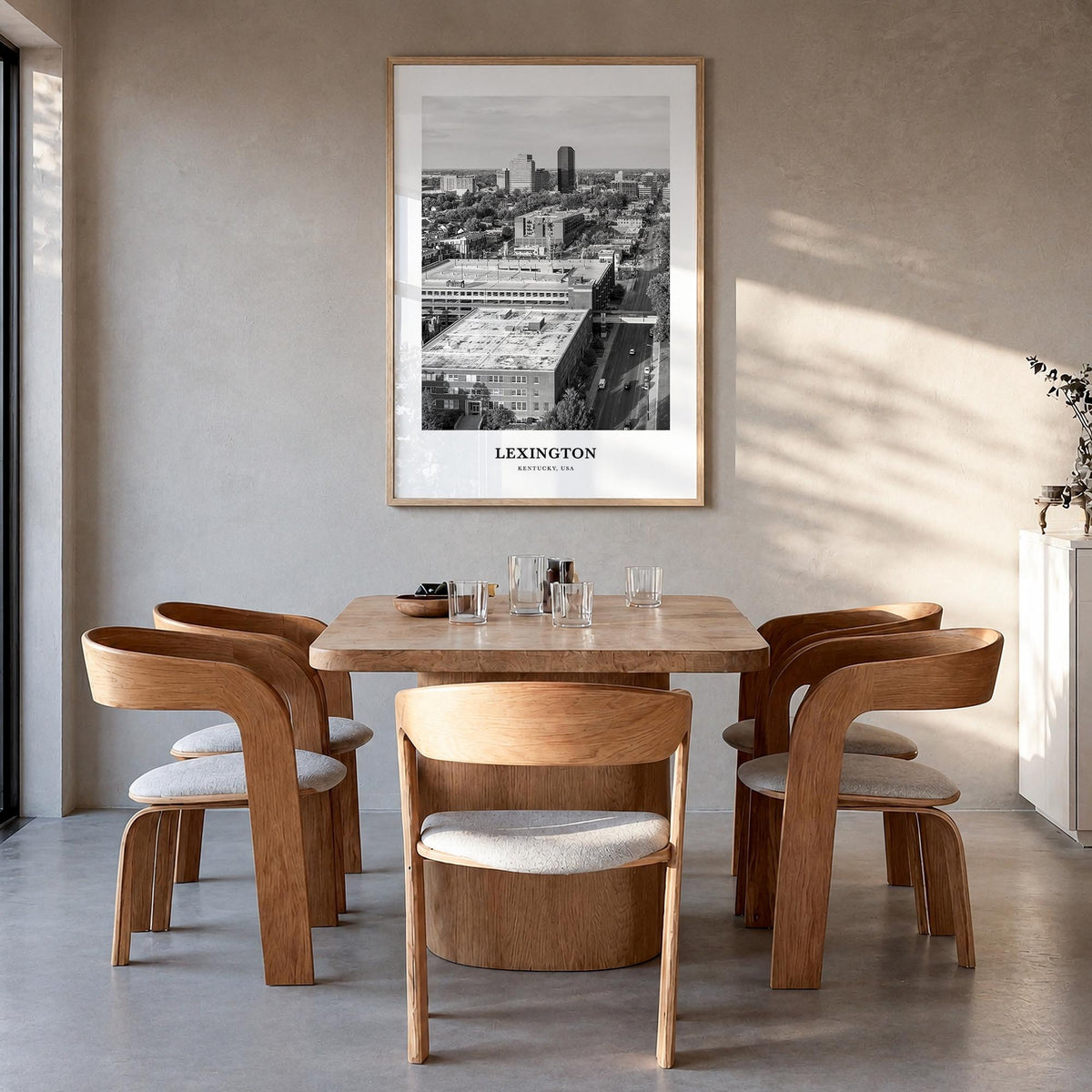 Lexington, Kentucky black & white classic poster of Kentucky, USA – vertical wall art in natural wood frame, hanging on wall