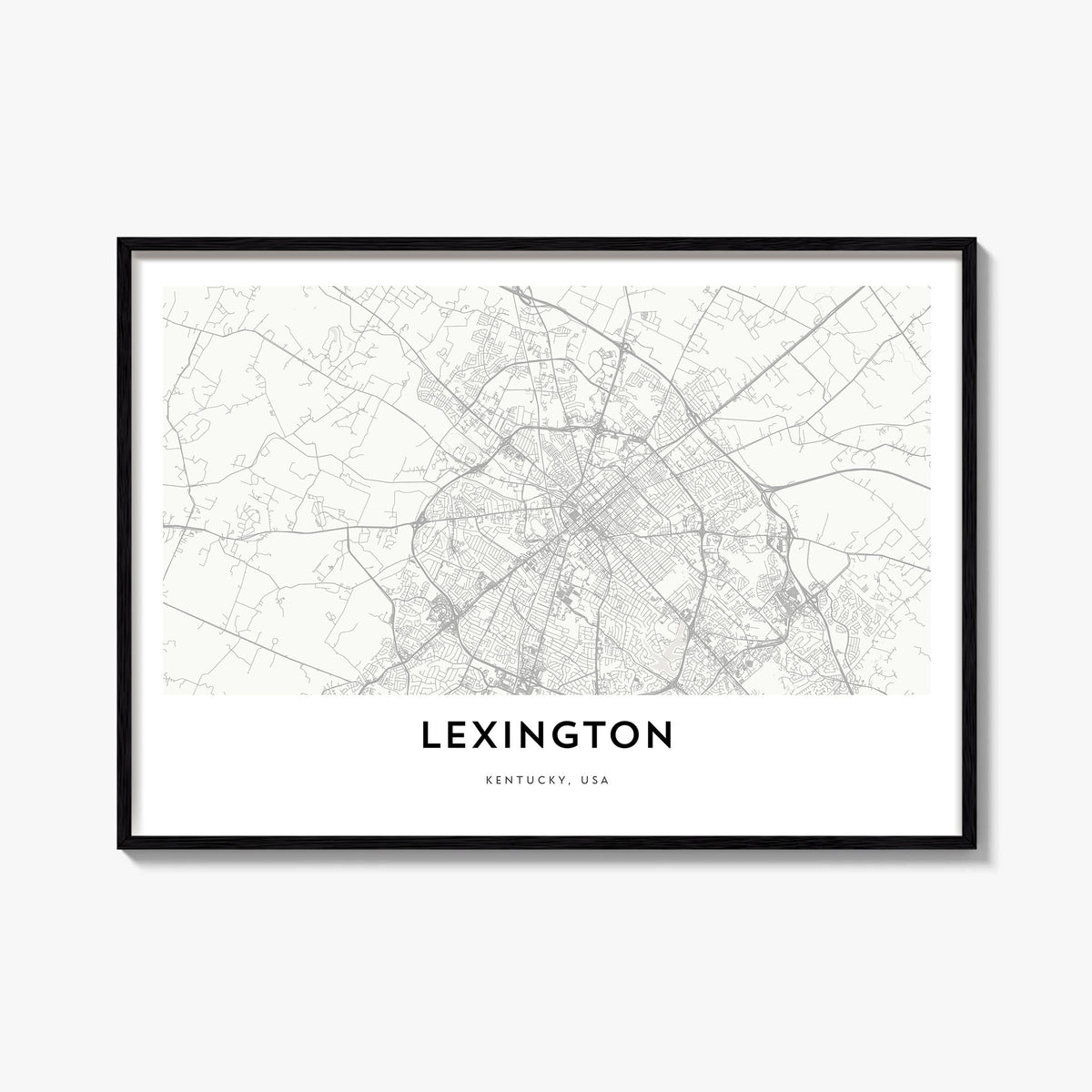 Lexington, Kentucky black & white map poster of Kentucky, USA – horizontal wall art, unframed print shown in interior mockup