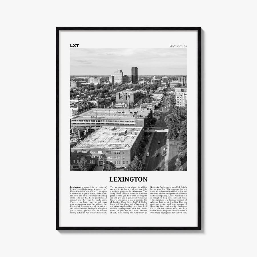 Lexington, Kentucky black & white newspaper poster of Kentucky, USA – vertical wall art, unframed print shown in interior moc