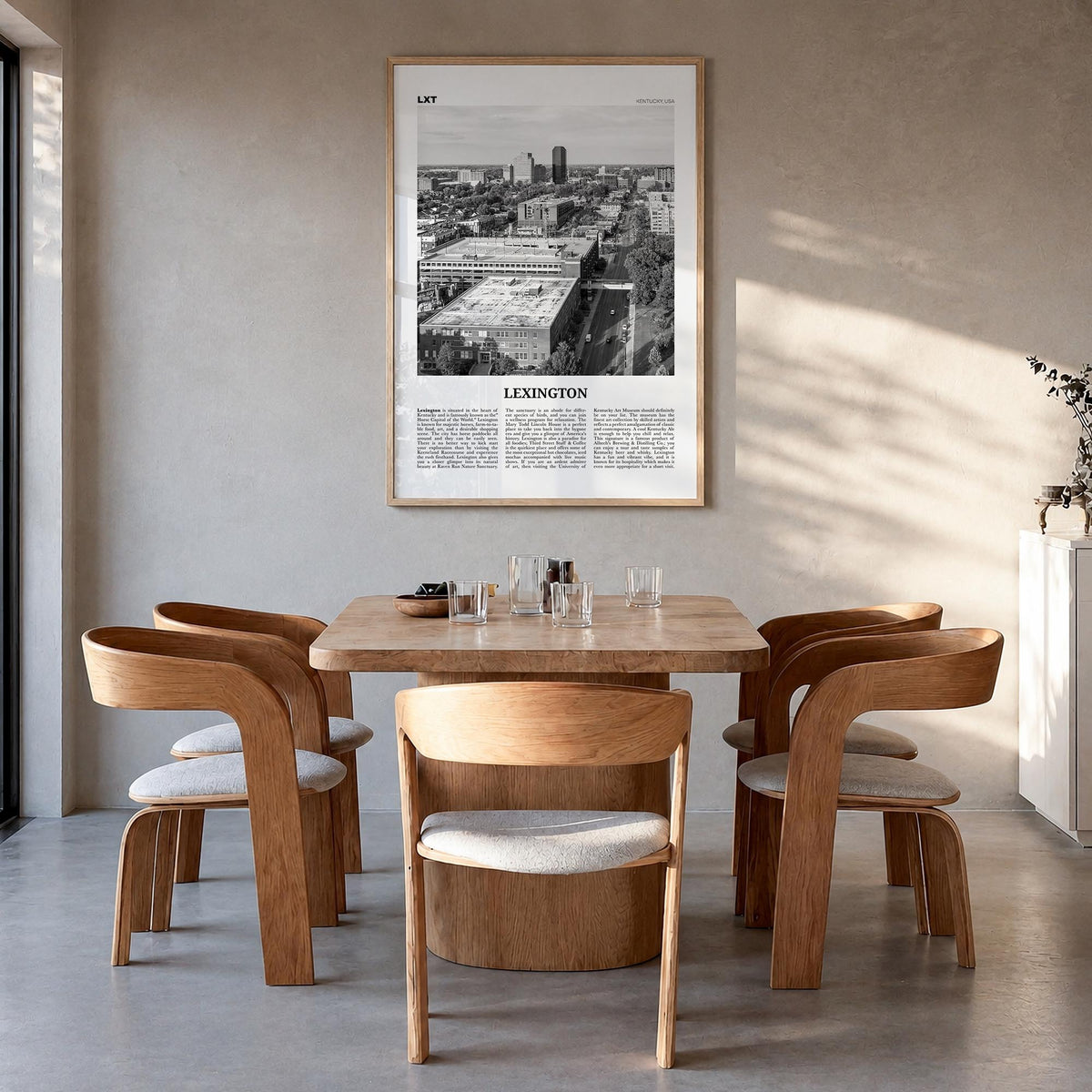 Lexington, Kentucky black & white newspaper poster of Kentucky, USA – vertical wall art in natural wood frame, hanging on wal