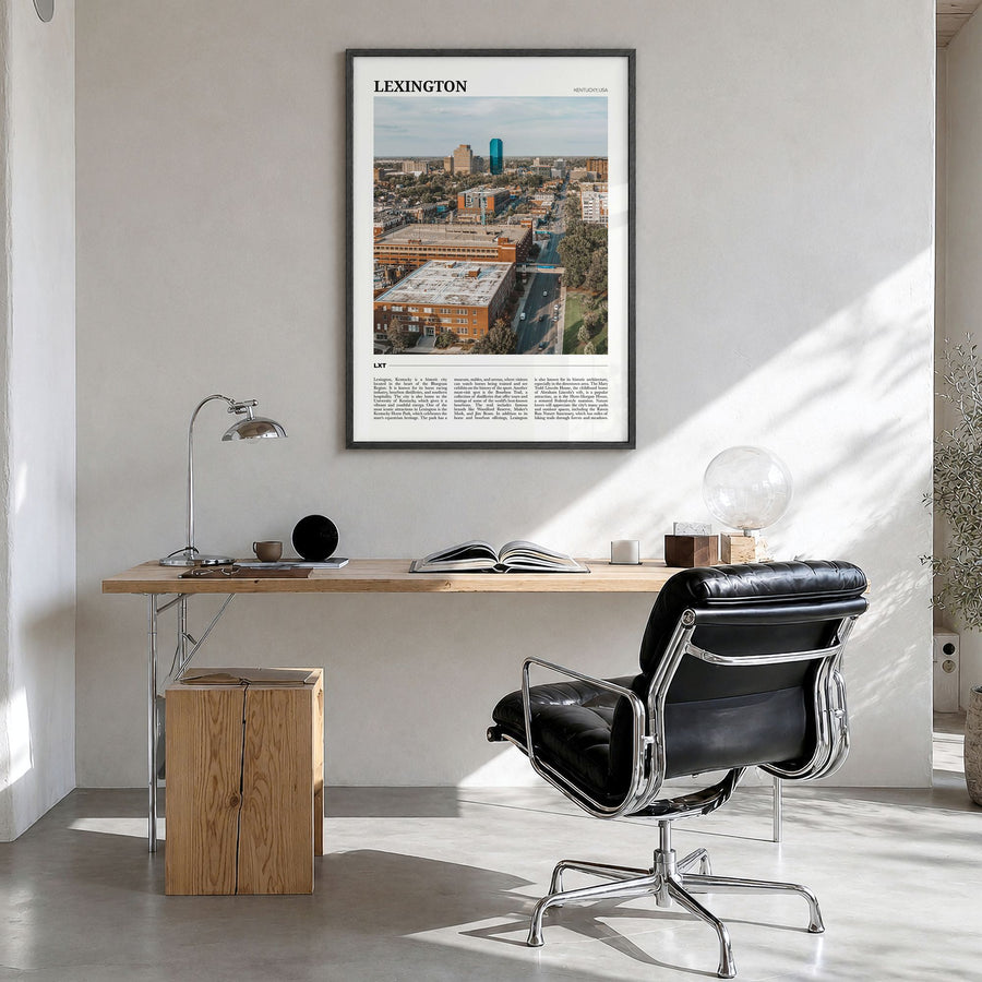 Lexington, Kentucky Travel Poster in a black wood frame, hanging in a bright home office