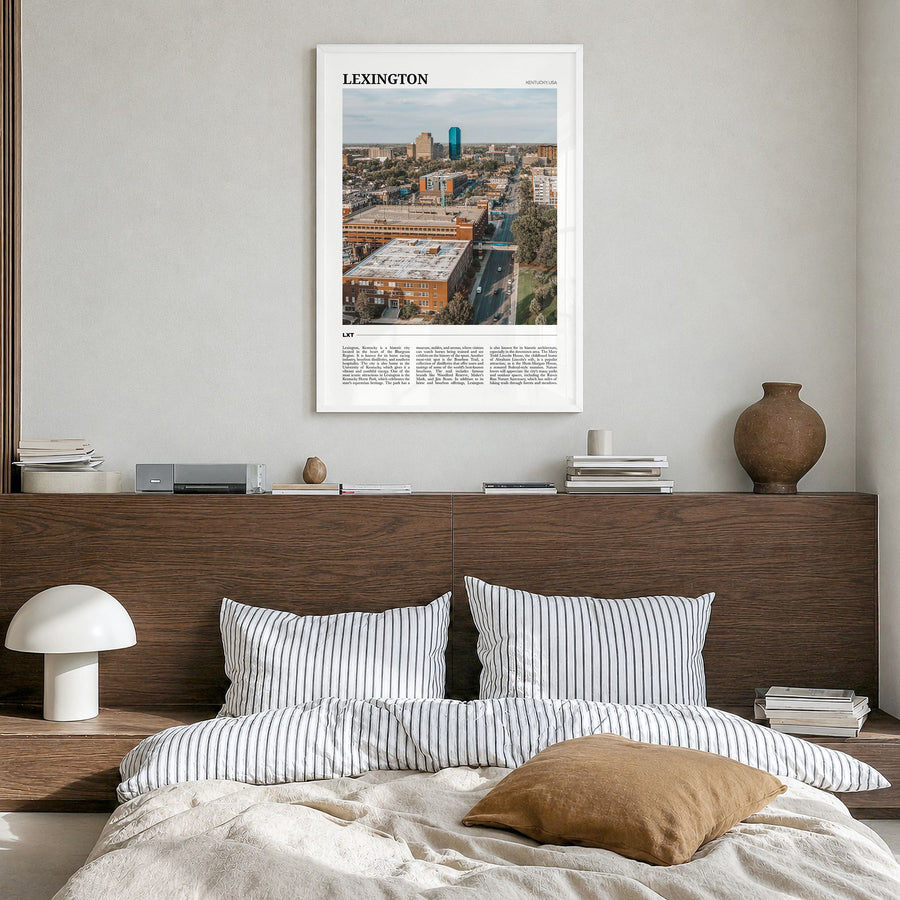 Lexington, Kentucky Travel Poster in a white wood frame, hanging in a bedroom