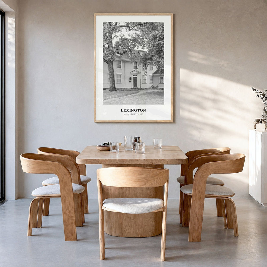 Lexington, Massachusetts Classic Poster in a natural wood frame, hanging in a dining room