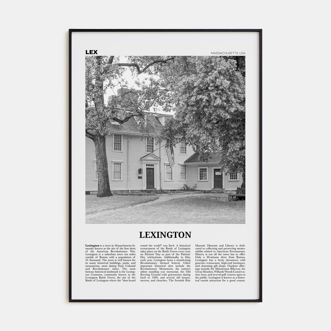 Lexington, Massachusetts Poster Black Metal / 8x12 in Nbourhood Travel B&W Poster