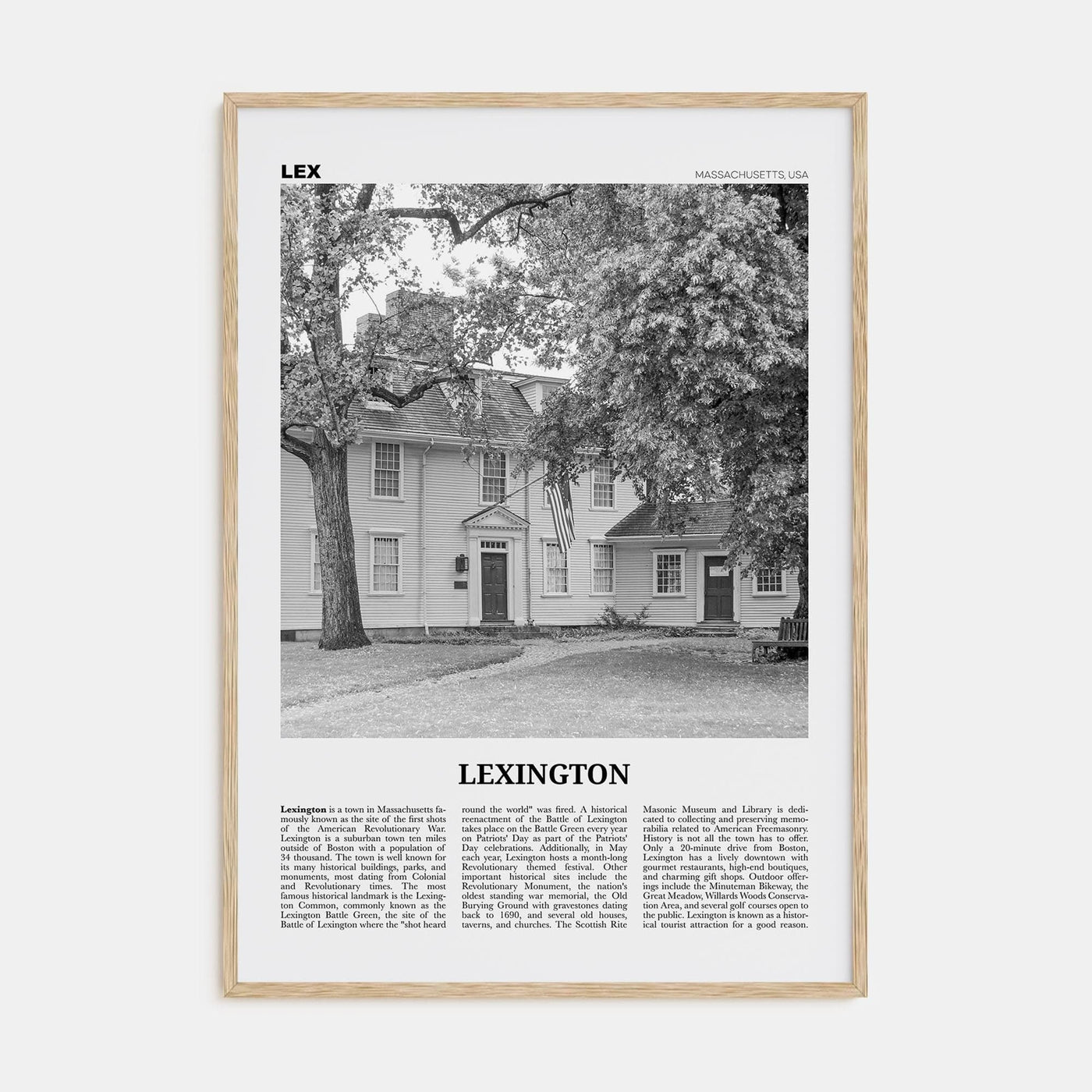 Lexington, Massachusetts Poster Natural Wood / 8x12 in Nbourhood Travel B&W Poster