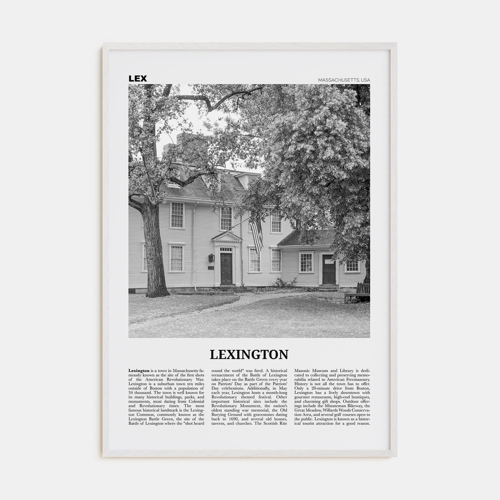 Lexington, Massachusetts Poster White Wood / 8x12 in Nbourhood Travel B&W Poster