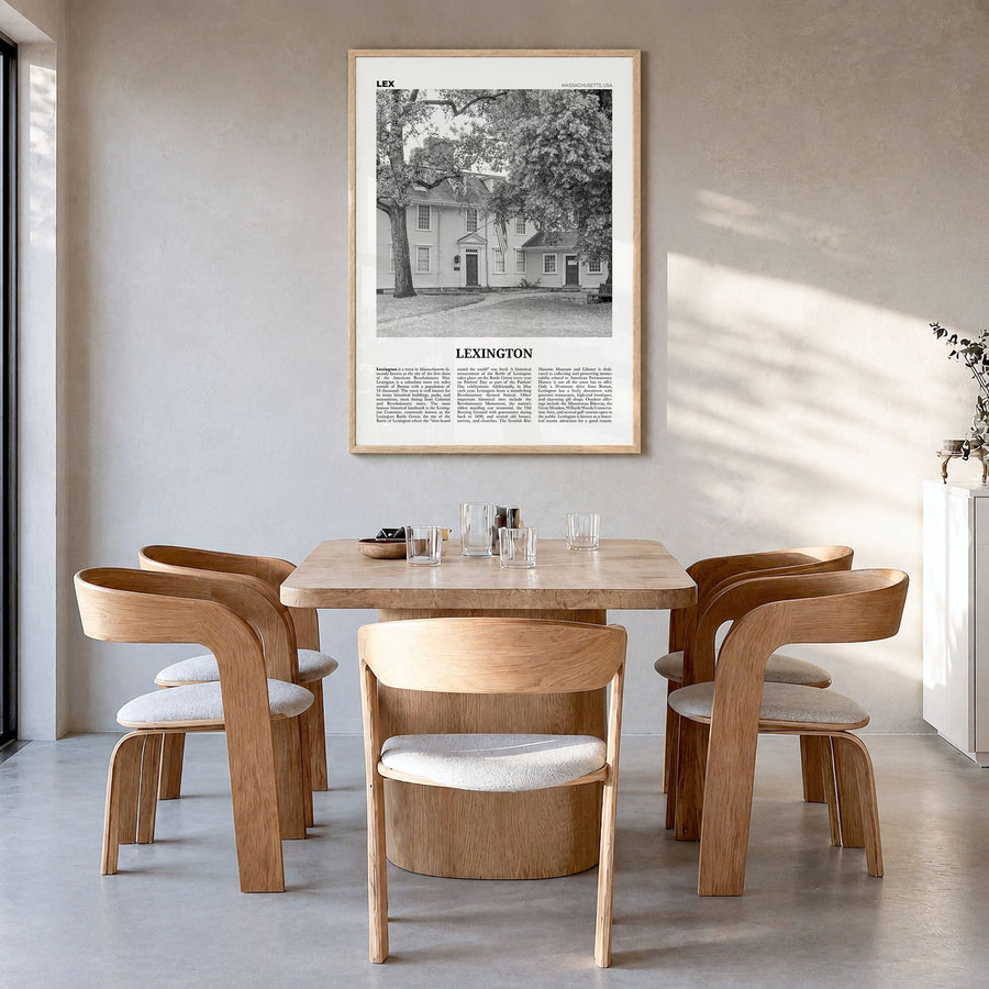Lexington, Massachusetts Newspaper Poster in a natural wood frame, hanging in a dining room