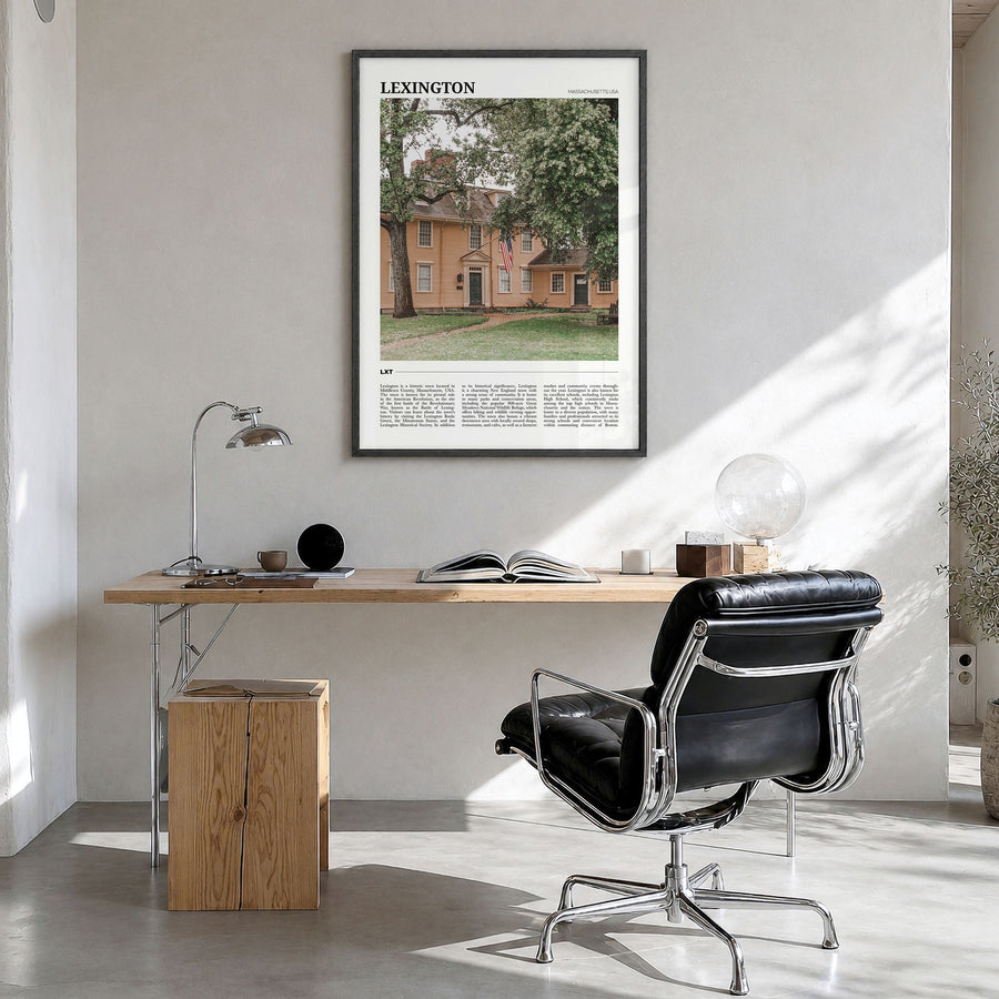 Lexington, Massachusetts Travel Poster in a black wood frame, hanging in a bright home office