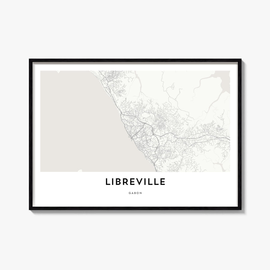 Libreville black & white map poster of Gabon – horizontal wall art, unframed print shown in interior mockup