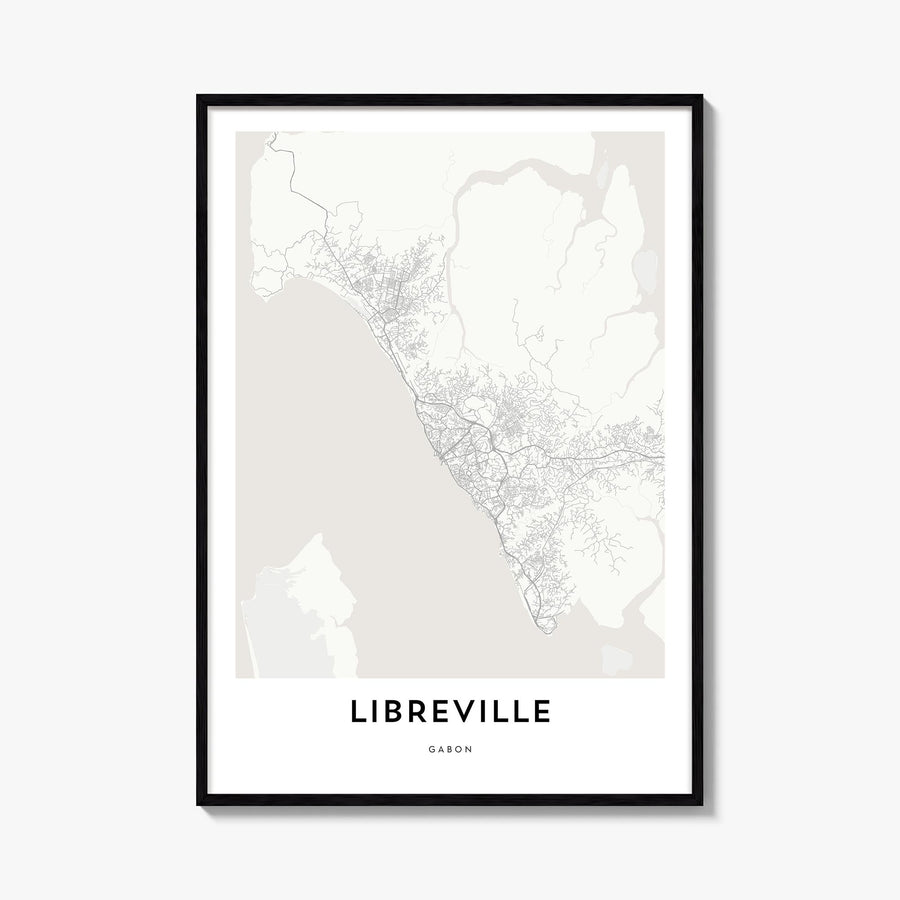 Libreville black & white map poster of Gabon – vertical wall art, unframed print shown in interior mockup