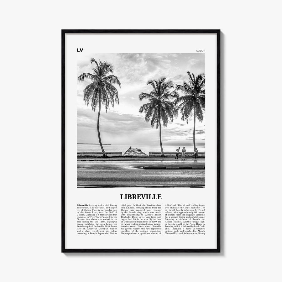 Libreville black & white newspaper poster of Gabon – vertical wall art, unframed print shown in interior mockup