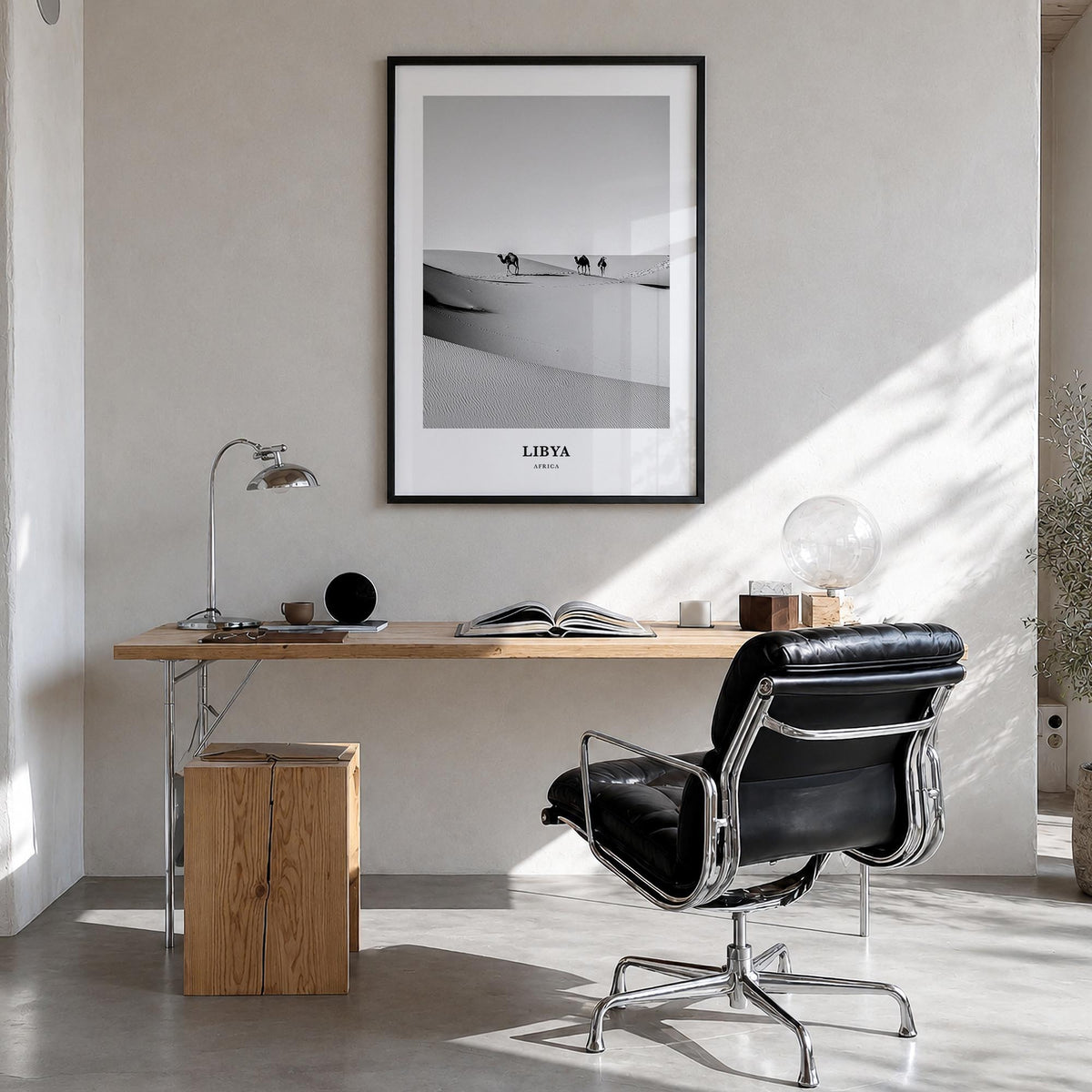 Libya black & white classic poster of Africa – vertical wall art in black wood frame, hanging on wall
