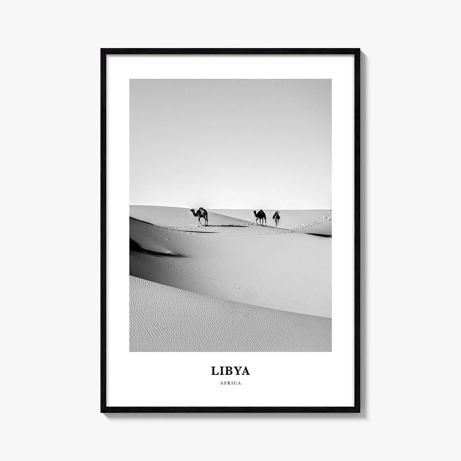 Libya black & white classic poster of Africa – vertical wall art, unframed print shown in interior mockup