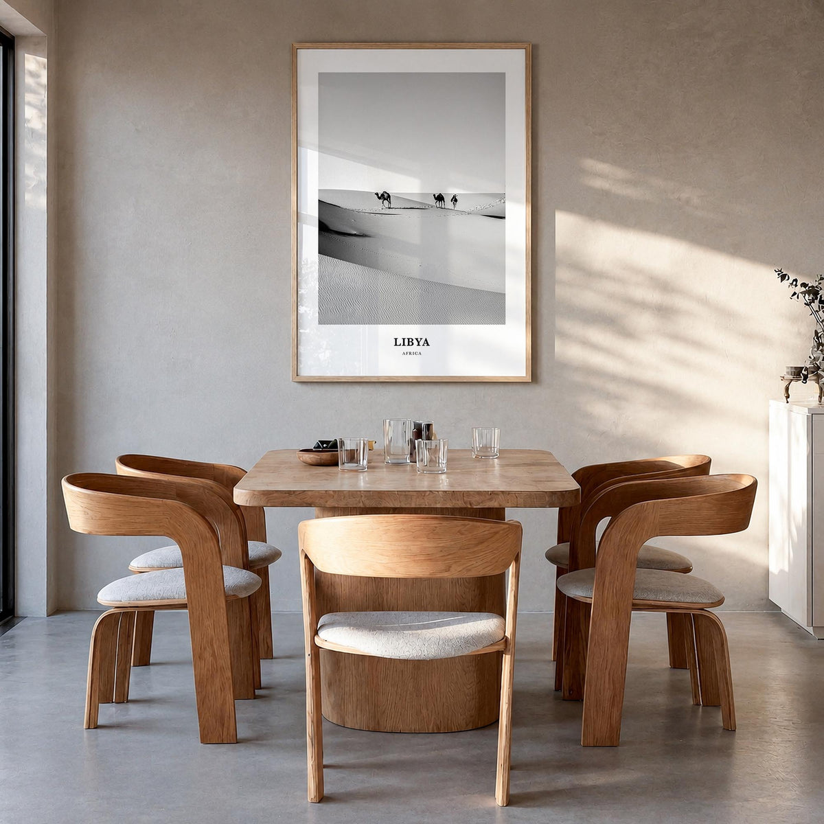 Libya black & white classic poster of Africa – vertical wall art in natural wood frame, hanging on wall