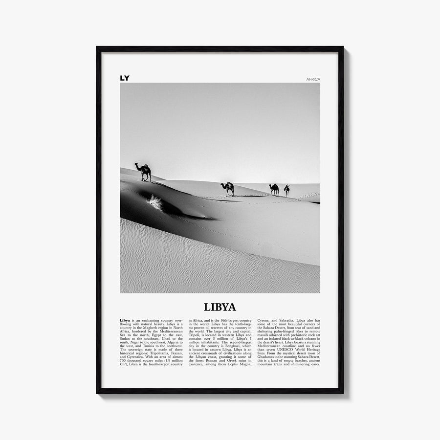 Libya black & white newspaper poster of Africa – vertical wall art, unframed print shown in interior mockup