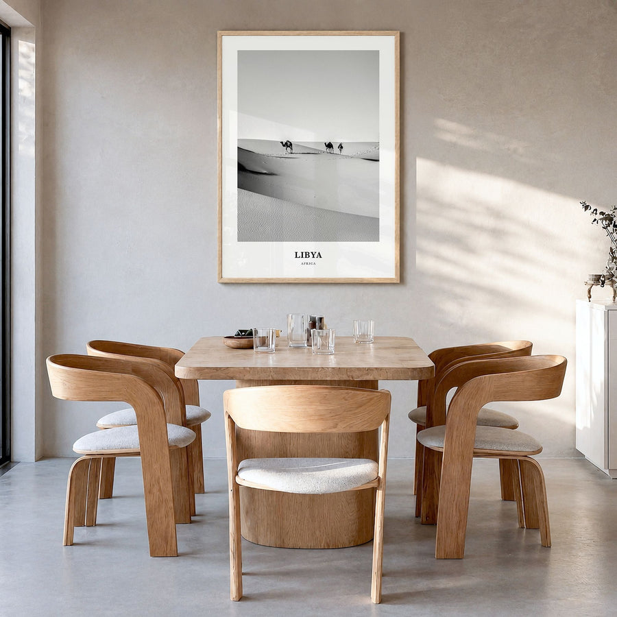 Libya Classic Poster in a natural wood frame, hanging in a dining room