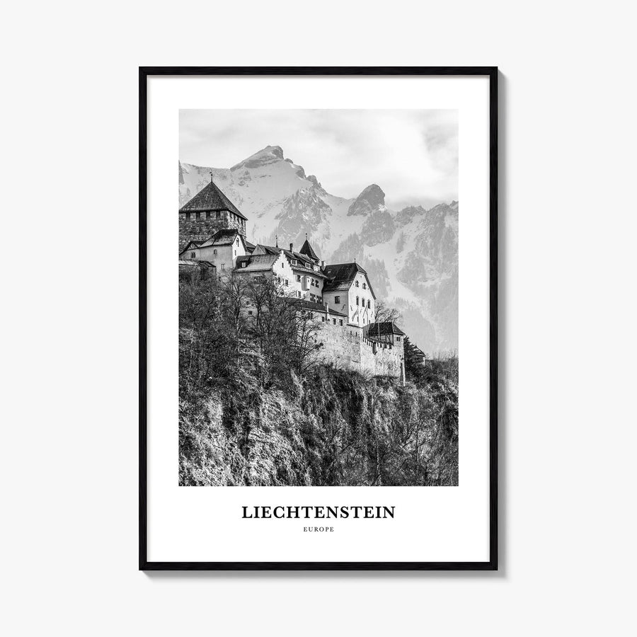 Liechtenstein black & white classic poster of Europe – vertical wall art, unframed print shown in interior mockup