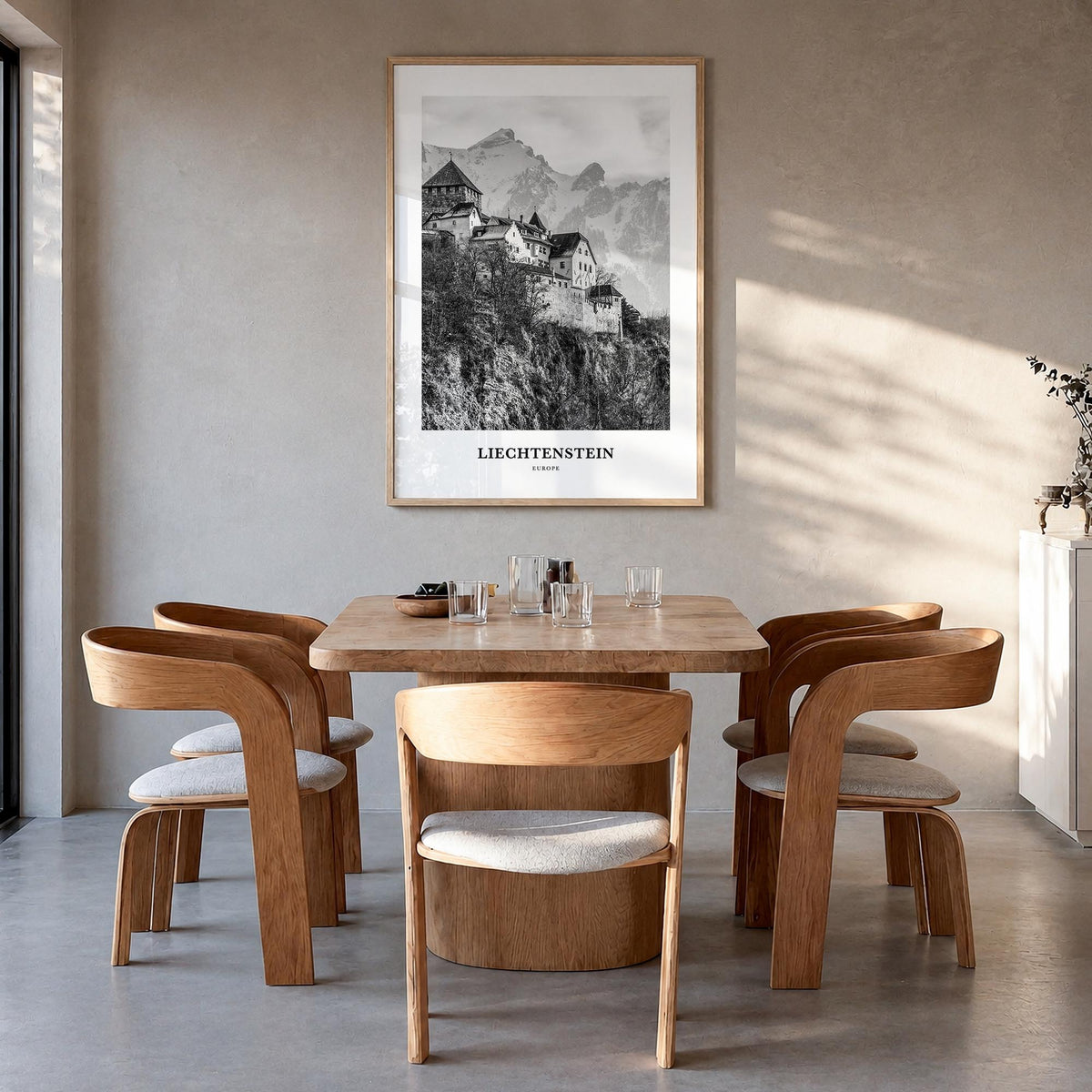 Liechtenstein black & white classic poster of Europe – vertical wall art in natural wood frame, hanging on wall