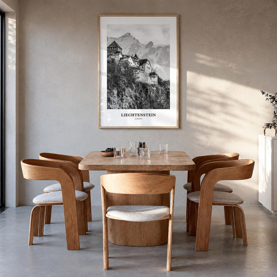 Liechtenstein black & white classic poster of Europe – vertical wall art in natural wood frame, hanging on wall
