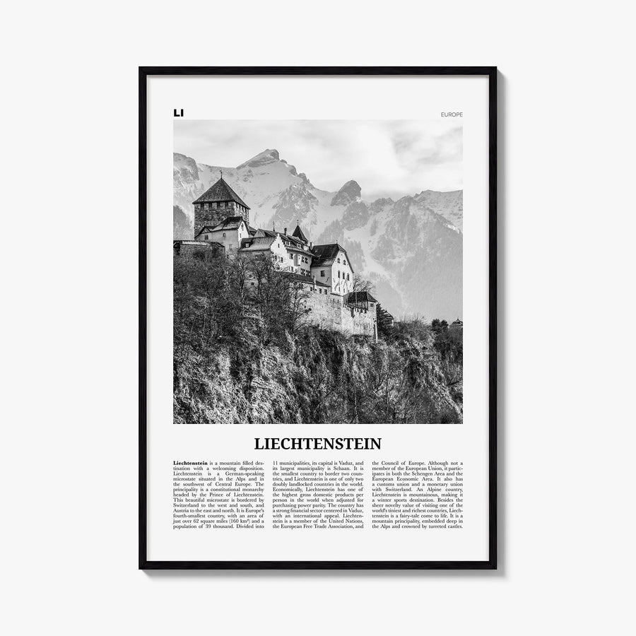 Liechtenstein black & white newspaper poster of Europe – vertical wall art, unframed print shown in interior mockup
