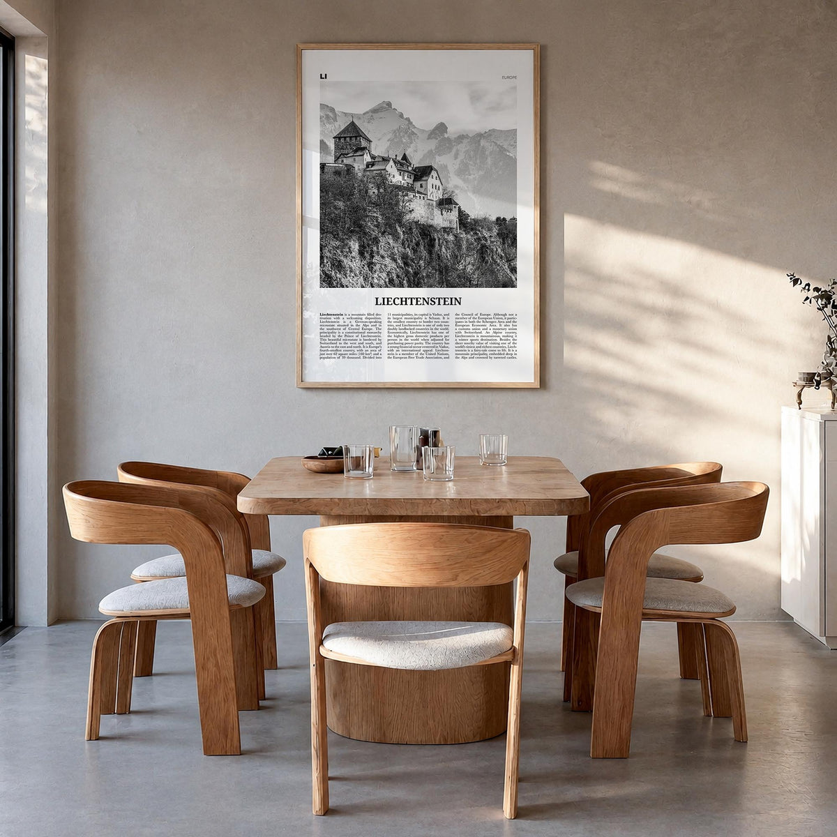 Liechtenstein black & white newspaper poster of Europe – vertical wall art in natural wood frame, hanging on wall