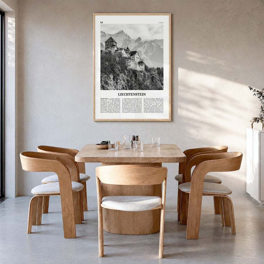 Liechtenstein Newspaper Poster in a natural wood frame, hanging in a dining room