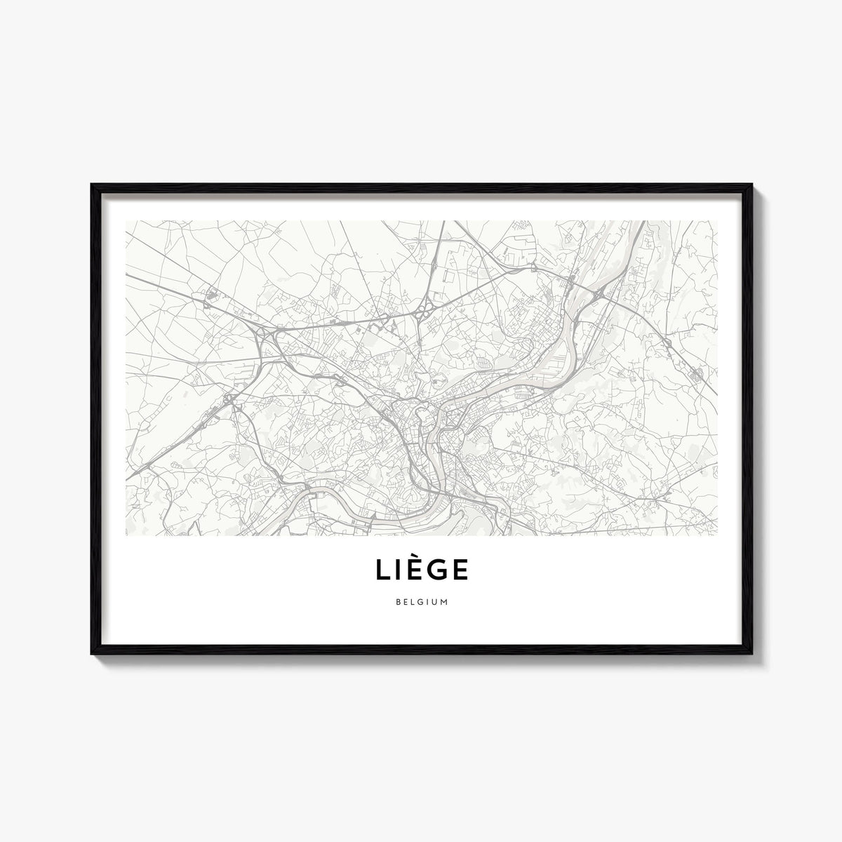 Liege black & white map poster of Belgium – horizontal wall art, unframed print shown in interior mockup
