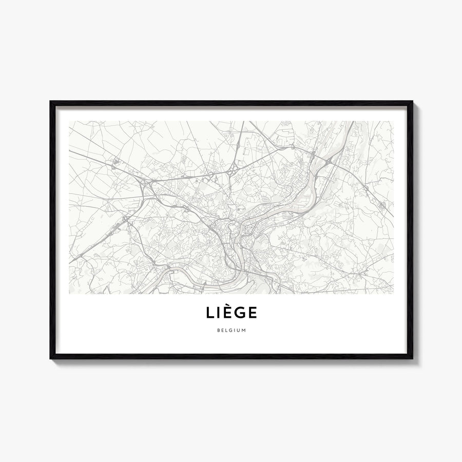 Liege black & white map poster of Belgium – horizontal wall art, unframed print shown in interior mockup