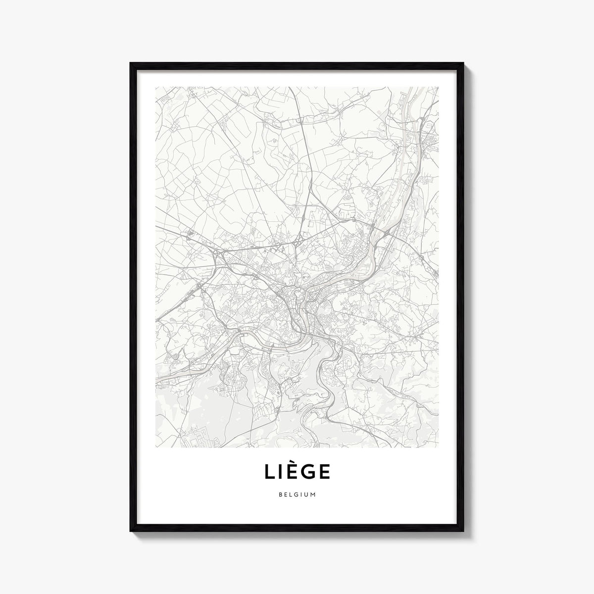 Liege black & white map poster of Belgium – vertical wall art, unframed print shown in interior mockup