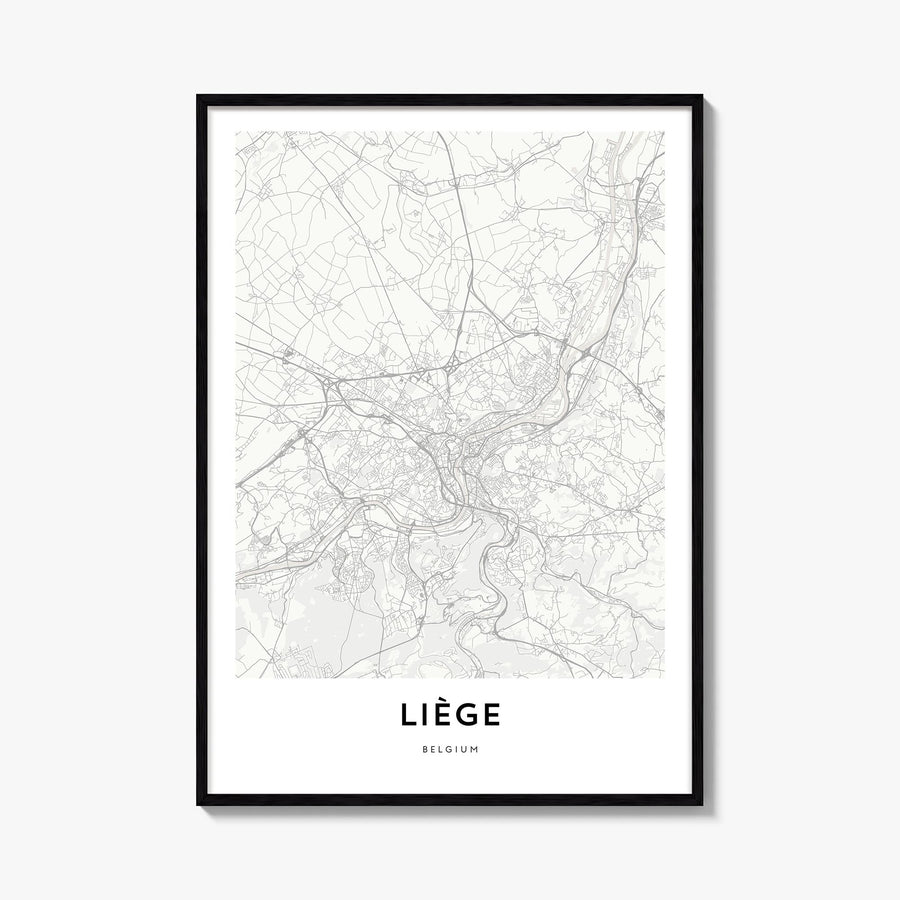 Liege black & white map poster of Belgium – vertical wall art, unframed print shown in interior mockup