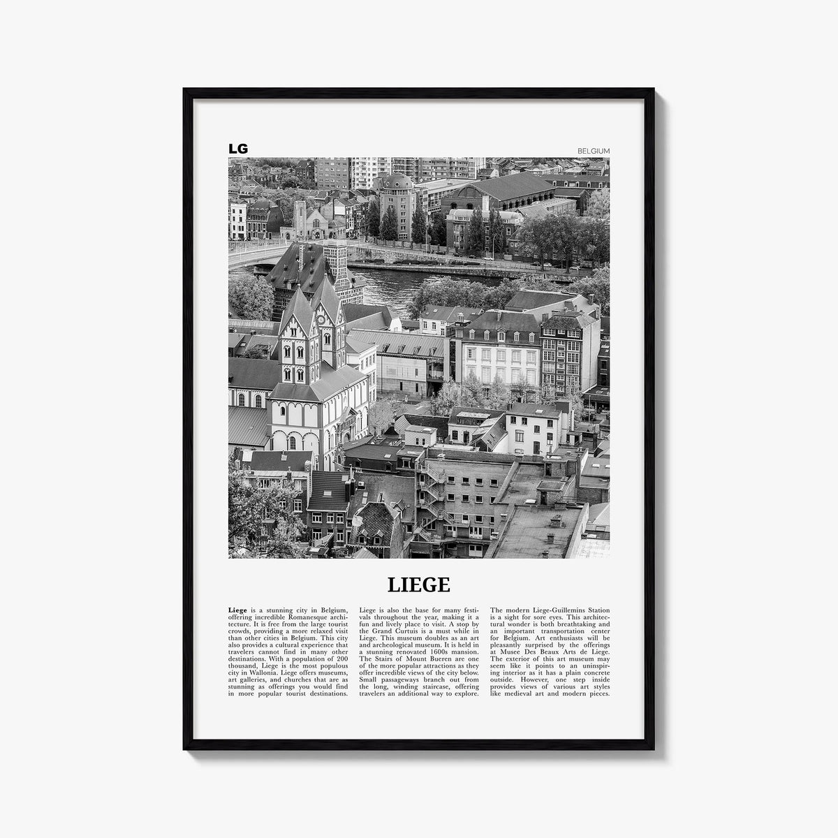 Liege black & white newspaper poster of Belgium – vertical wall art, unframed print shown in interior mockup