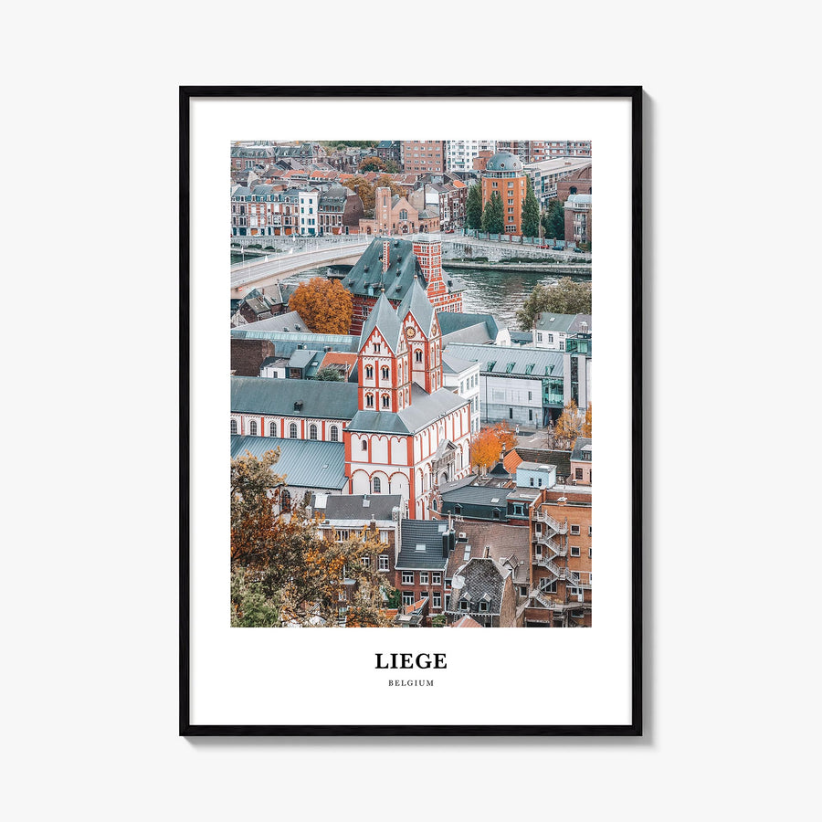 Liege colorful classic poster of Belgium – vertical wall art, unframed print shown in interior mockup