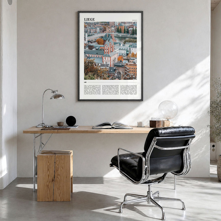 Liège Travel Poster in a black wood frame, hanging in a bright home office