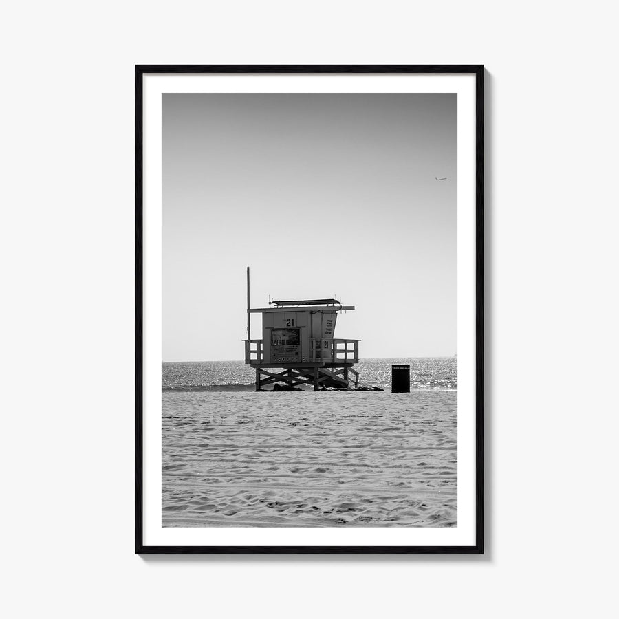 Lifeguard Stand no. 1 black & white photo poster – vertical wall art, unframed print shown in interior mockup