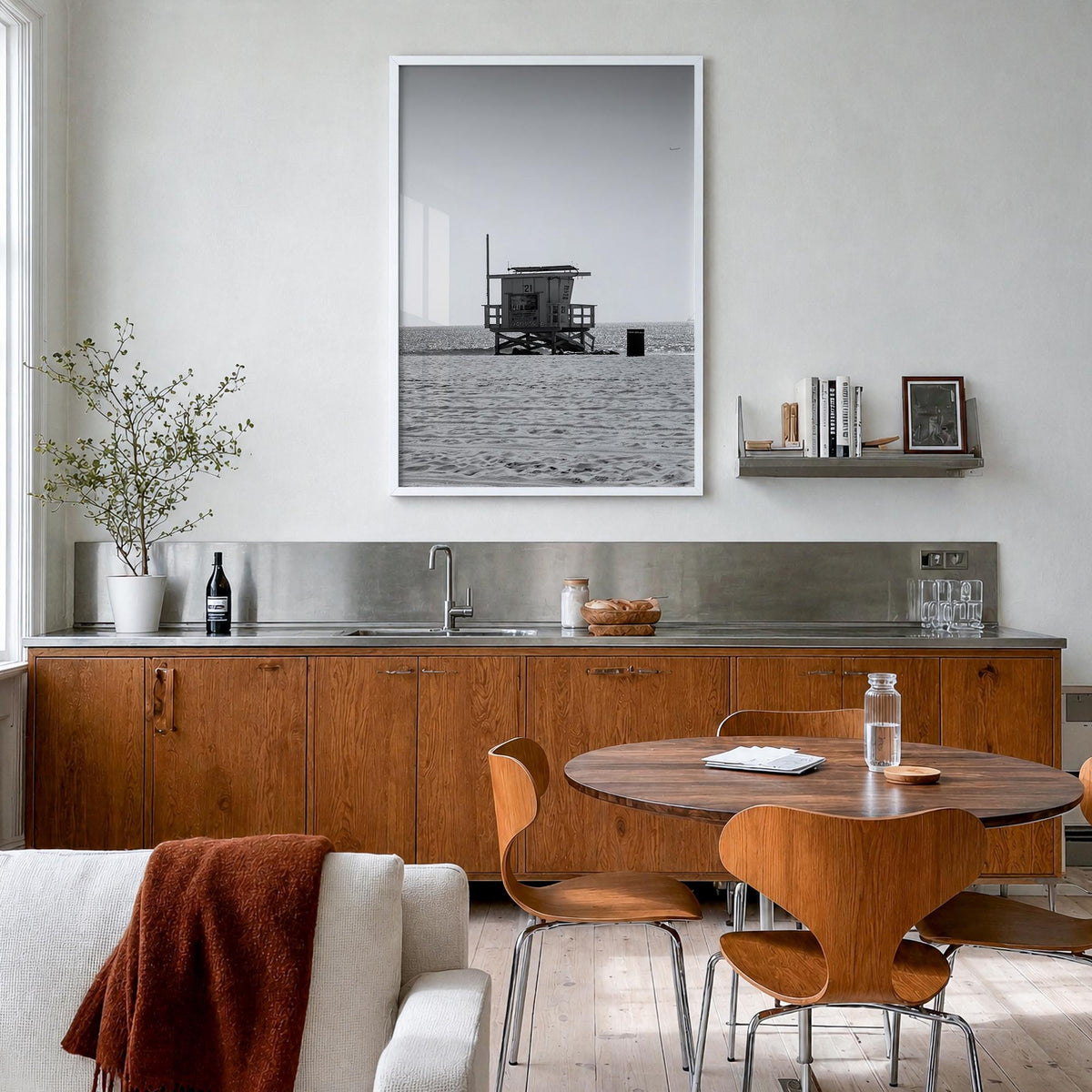 Lifeguard Stand no. 1 black & white photo poster – vertical wall art in white wood frame, hanging on wall