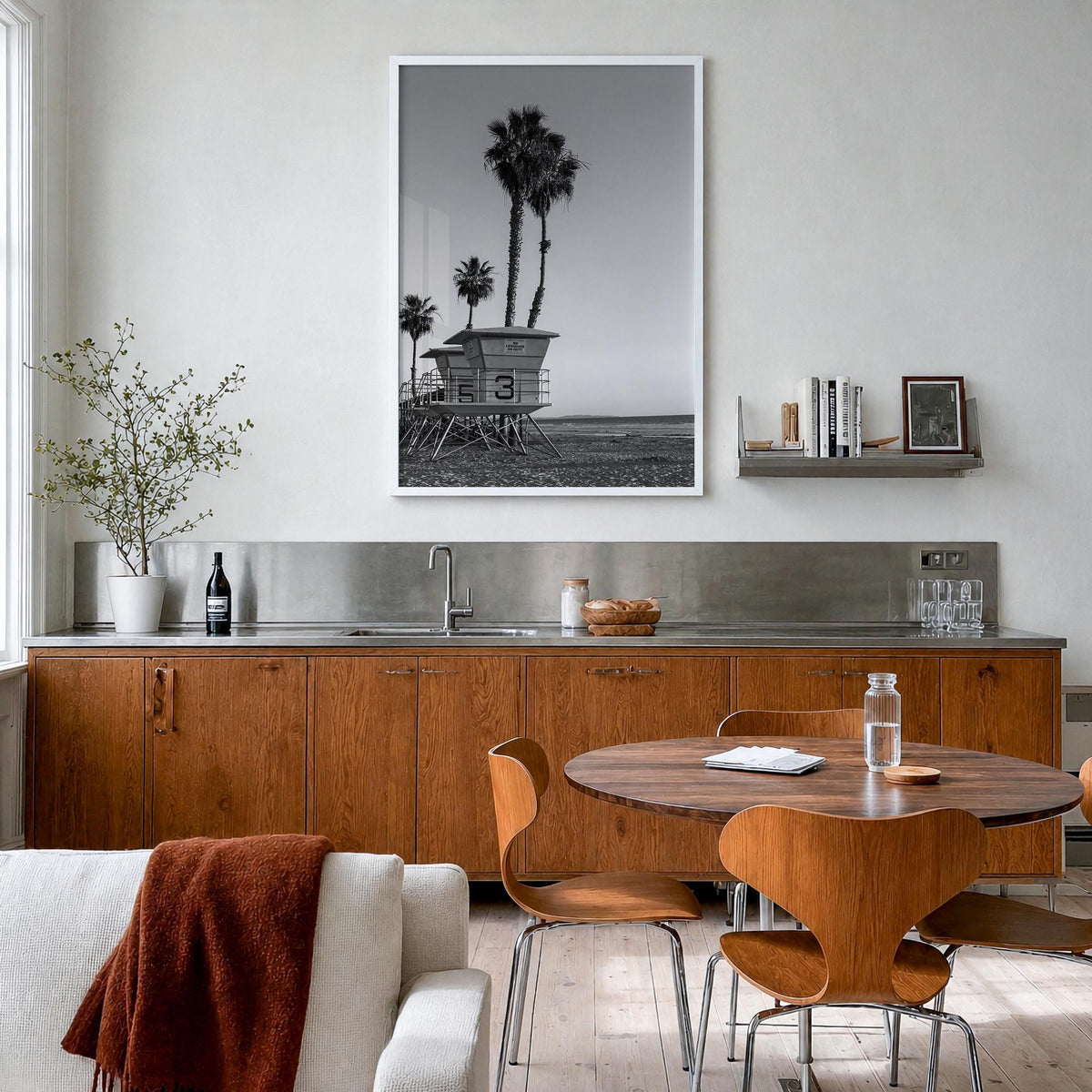 Lifeguard Stand no. 2 black & white photo poster – vertical wall art in white wood frame, hanging on wall
