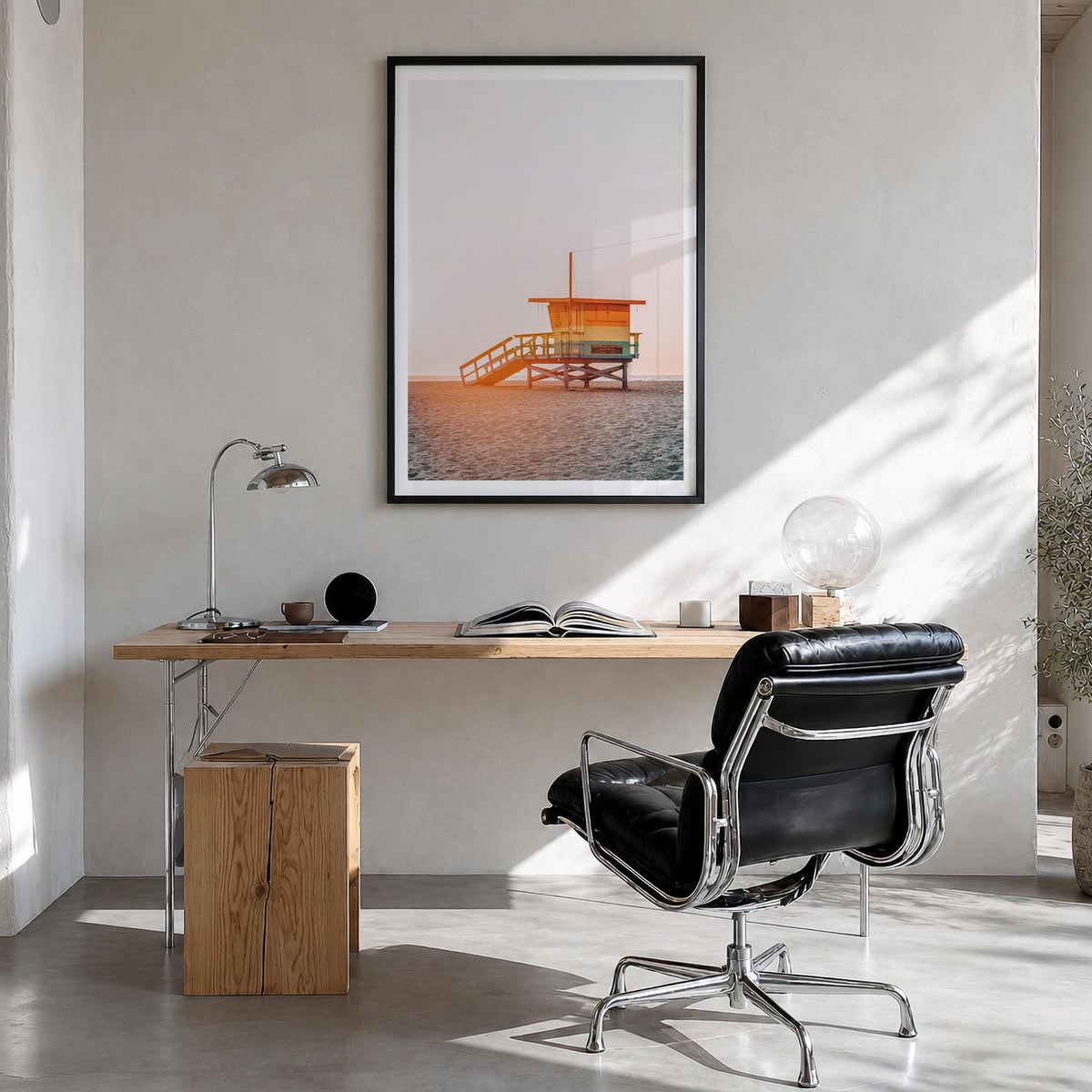 Lifeguard Stand no. 2 colorful photo poster – vertical wall art in black wood frame with white border, hanging on wall