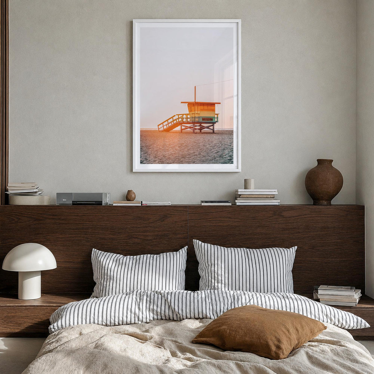Lifeguard Stand no. 2 colorful photo poster – vertical wall art in white wood frame with white border, hanging on wall