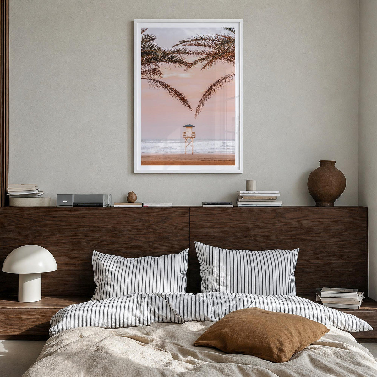Lifeguard Stand no. 3 colorful photo poster – vertical wall art in white wood frame with white border, hanging on wall