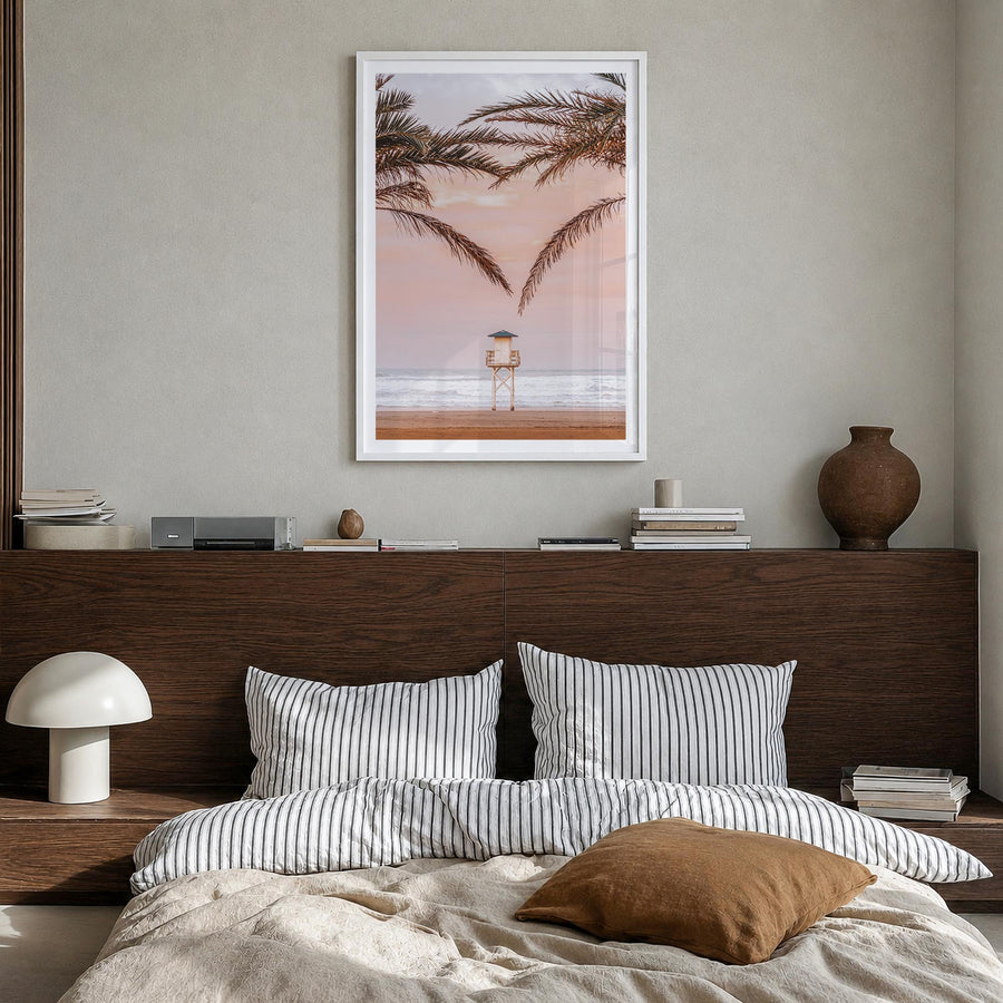 Lifeguard Stand no. 3 colorful photo poster – vertical wall art in white wood frame with white border, hanging on wall