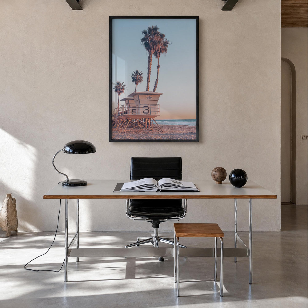 Lifeguard Stand no. 7 colorful photo poster – vertical wall art in black wood frame, hanging on wall
