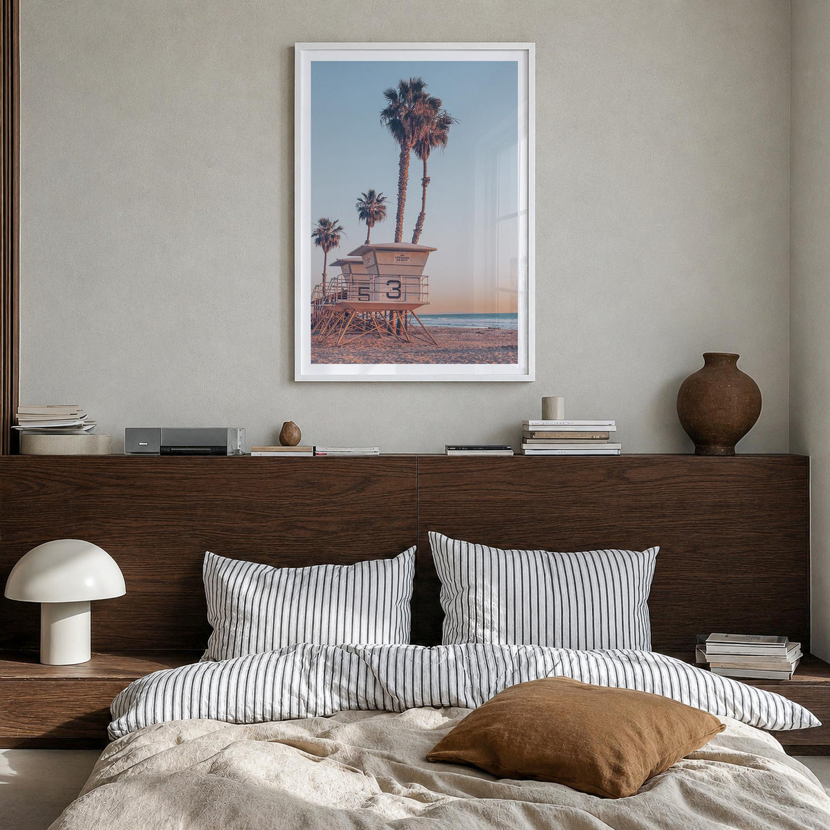 Lifeguard Stand no. 7 colorful photo poster – vertical wall art in white wood frame with white border, hanging on wall