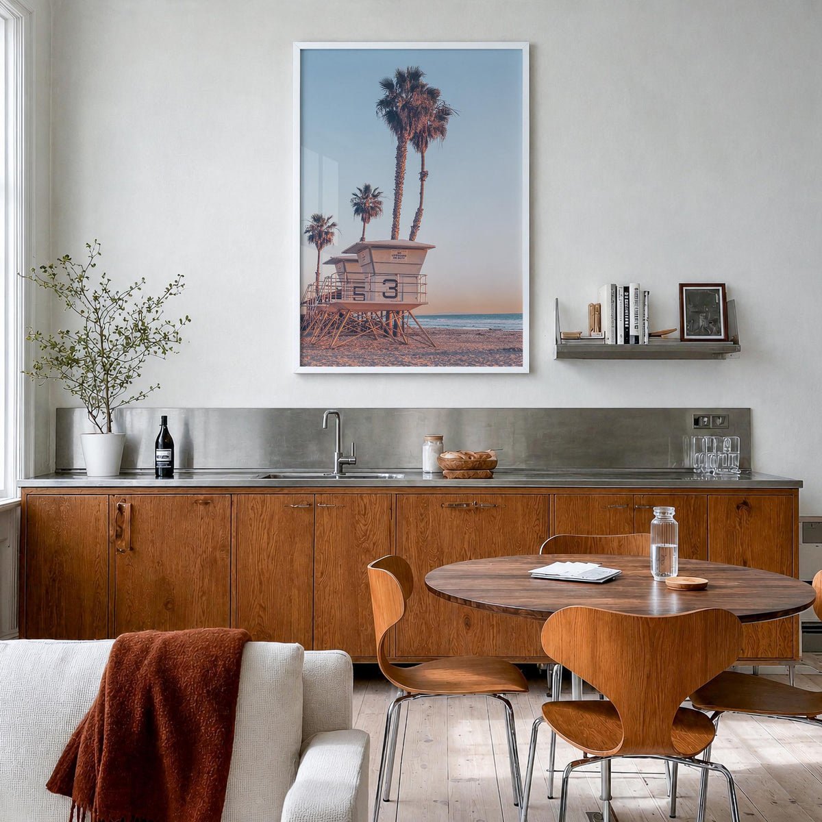 Lifeguard Stand no. 7 colorful photo poster – vertical wall art in white wood frame, hanging on wall