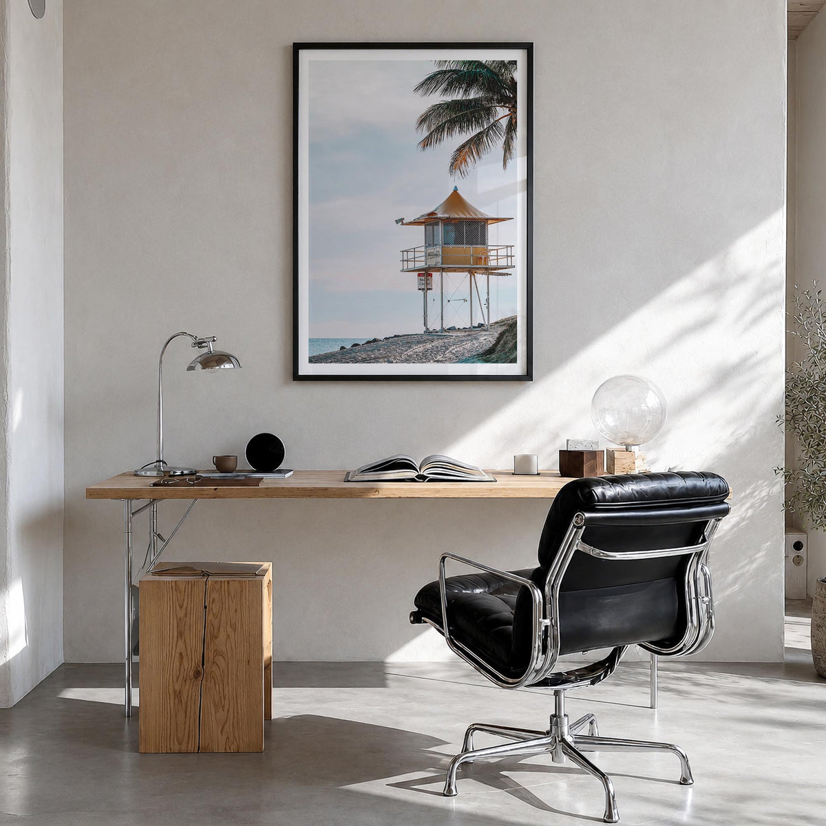 Lifeguard Stand no. 8 colorful photo poster – vertical wall art in black wood frame with white border, hanging on wall