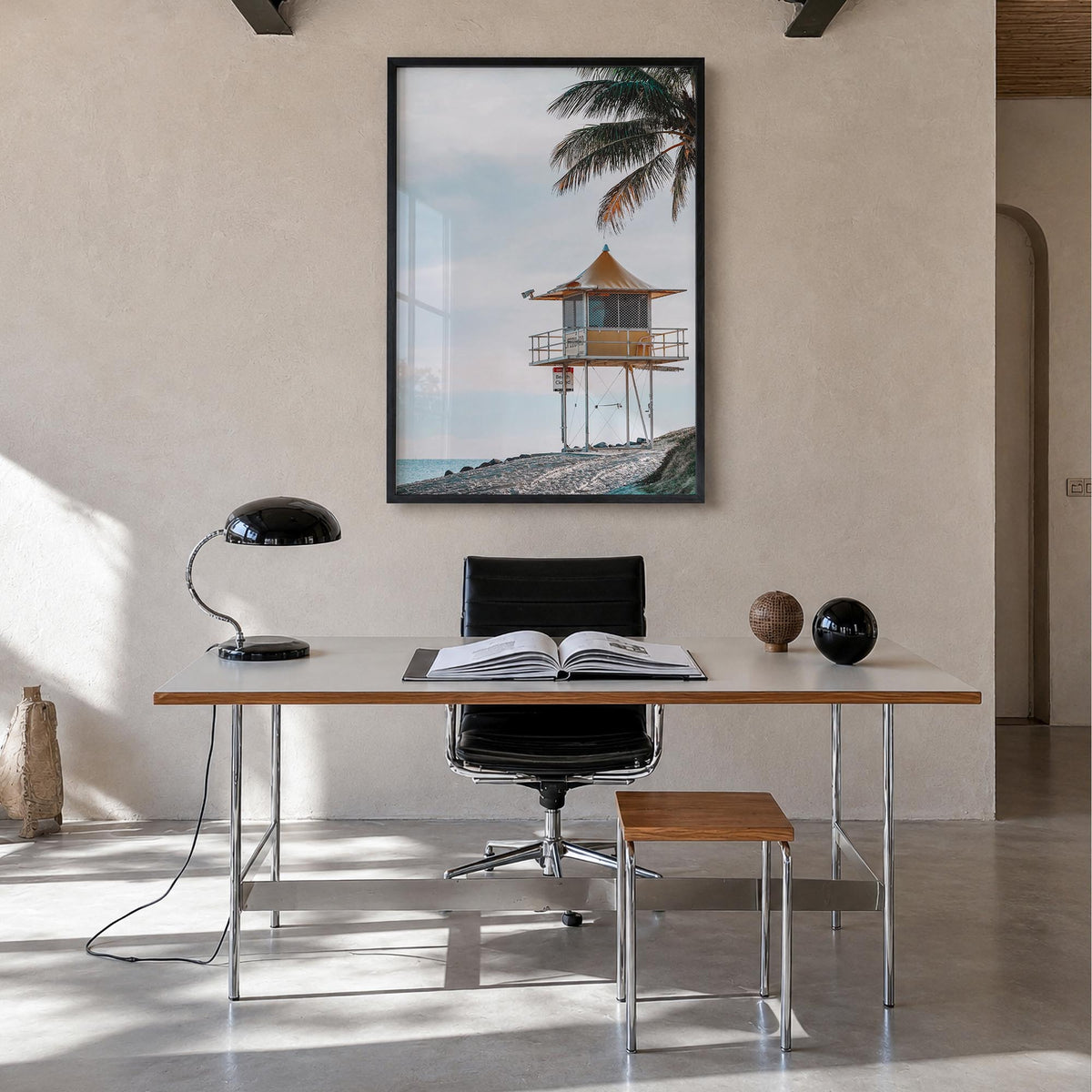 Lifeguard Stand no. 8 colorful photo poster – vertical wall art in black wood frame, hanging on wall