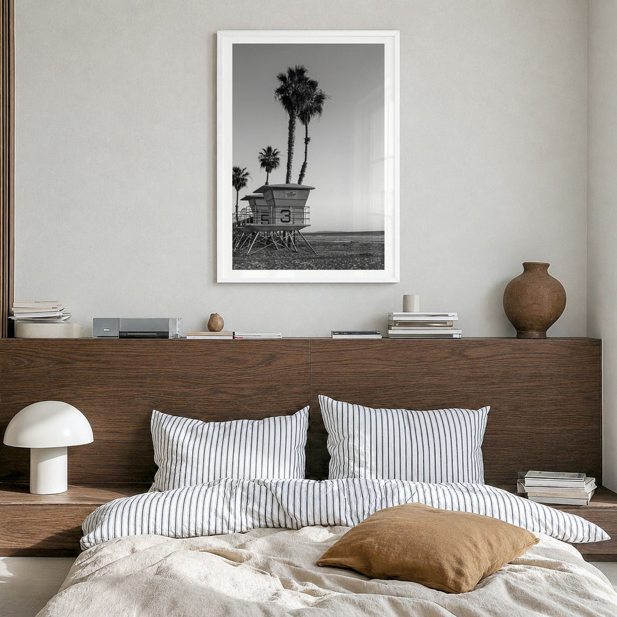 Lifeguard Stand Photo No 2 Poster in a white wood frame, hanging in a bedroom, white border