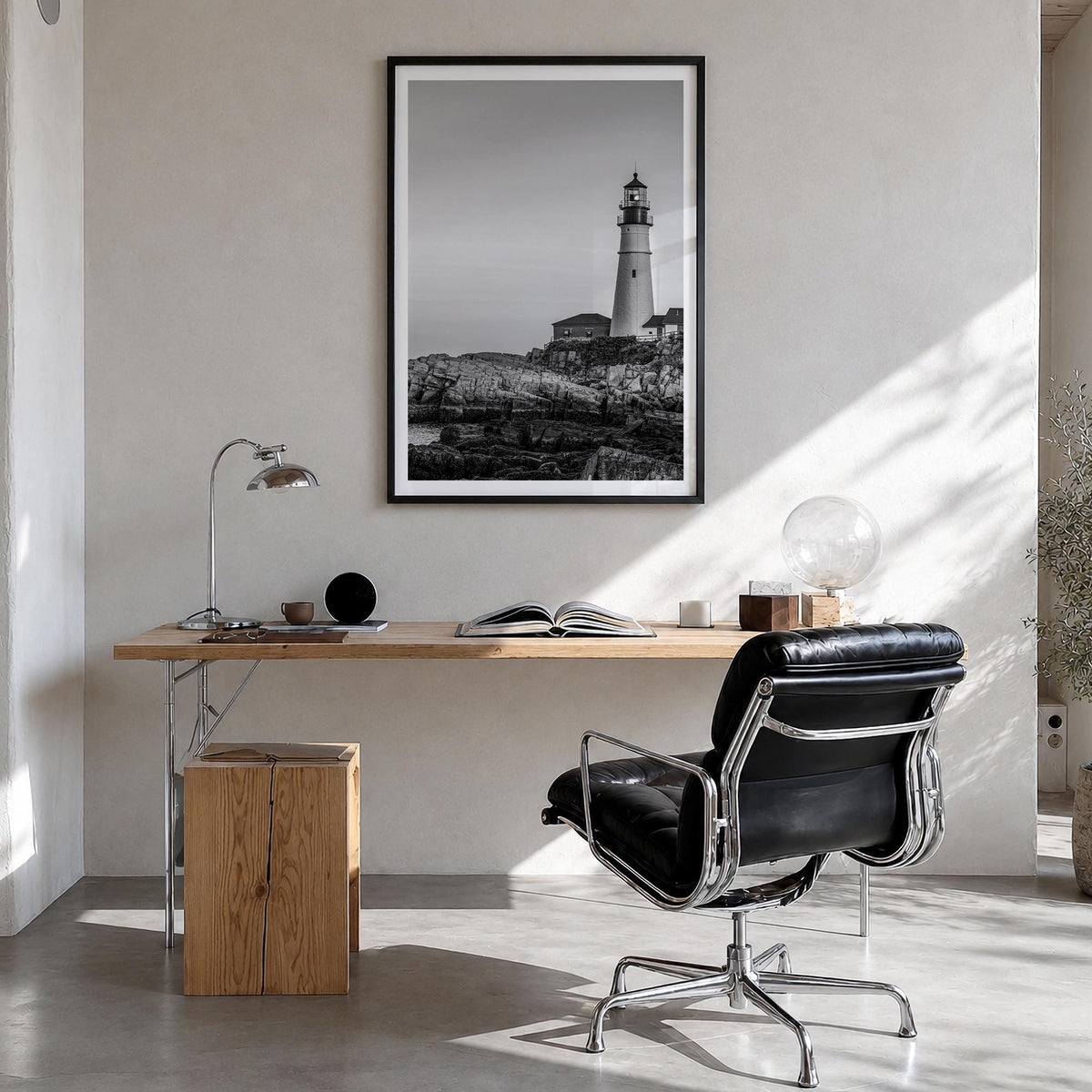 Lighthouse no. 1 black & white photo poster – vertical wall art in black wood frame with white border, hanging on wall