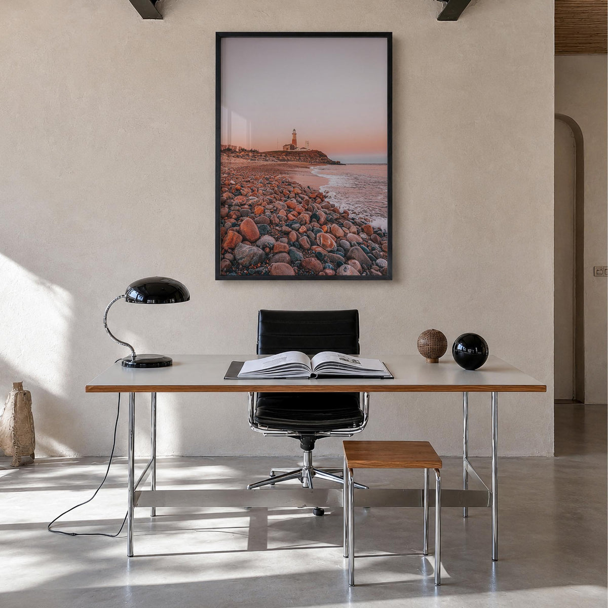 Lighthouse no. 1 colorful photo poster – vertical wall art in black wood frame, hanging on wall