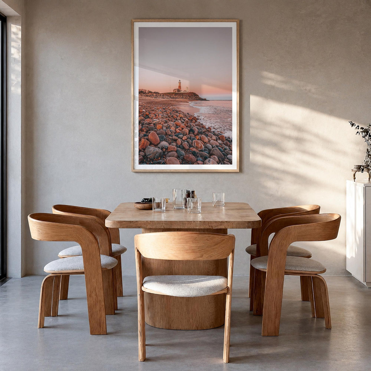 Lighthouse no. 1 colorful photo poster – vertical wall art in natural wood frame with white border, hanging on wall