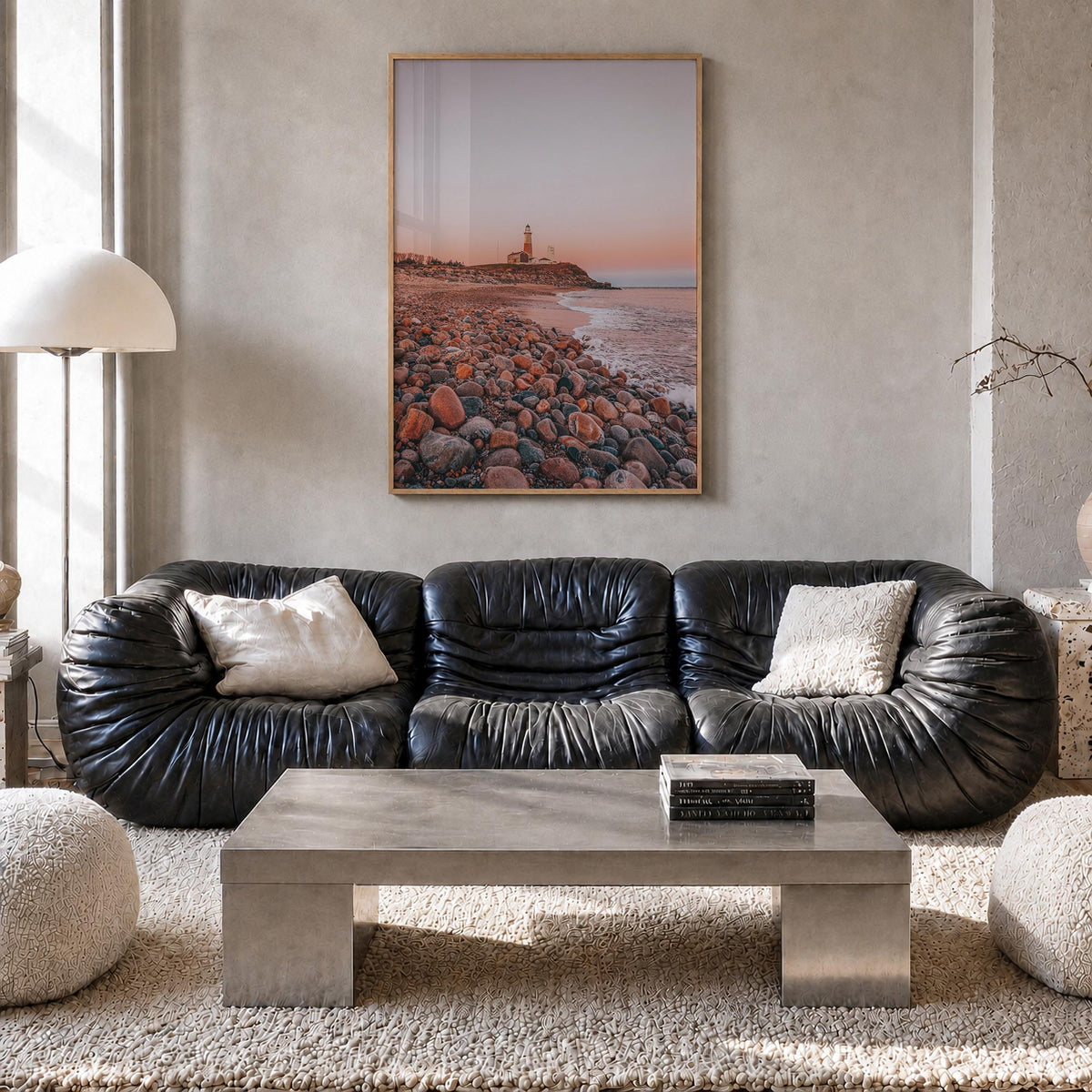 Lighthouse no. 1 colorful photo poster – vertical wall art in natural wood frame, hanging on wall
